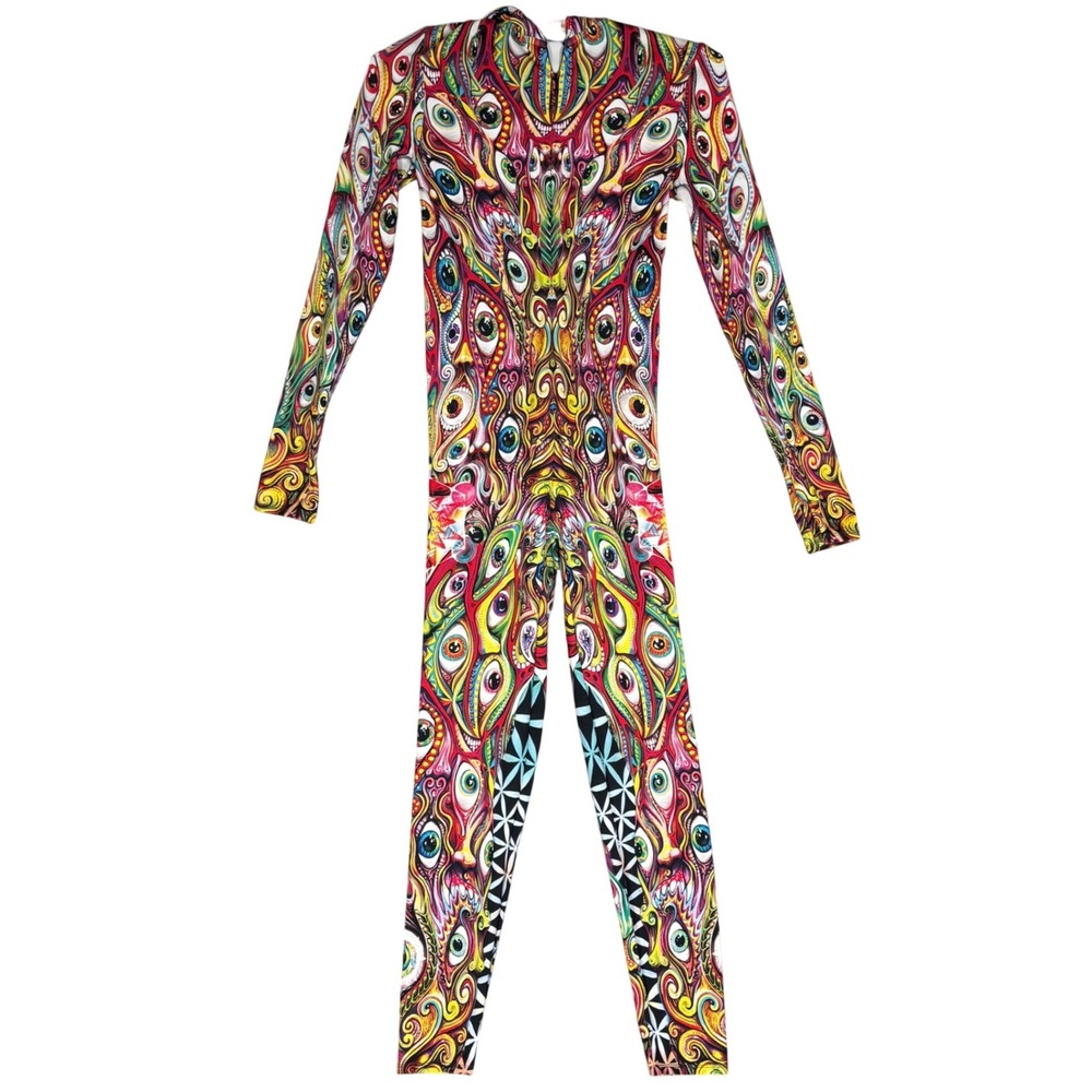 Badinka Psychedelic Eye Print Long Sleeve Hooded Jumpsuit Bodysuit Multicolor S